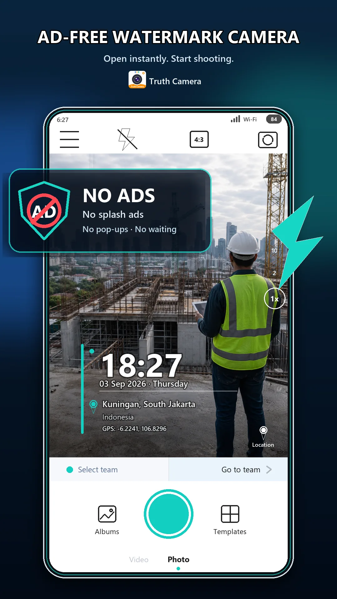 Truth Camera GPS timestamp camera interface on a construction site