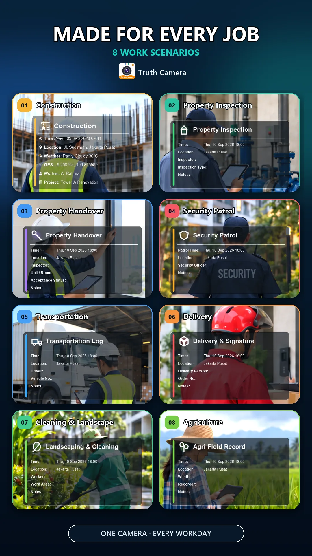 Eight Truth Camera use cases including construction, inspection, security, delivery and agriculture